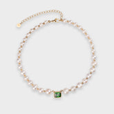 8MM FRESHWATER PEARL GREEN GEMSTONE NECKLACE - GOLD